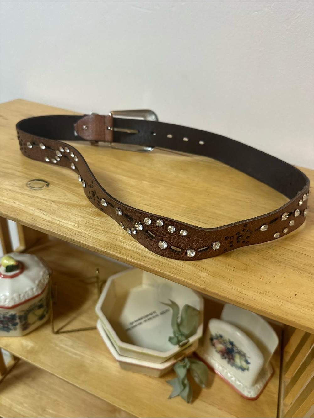 Source Unknown Brown Studded Leather Belt with Silver Accents
